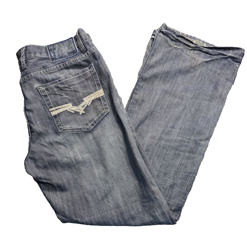 Helix Men’s 34x32 Light Wash Relaxed Boot Cut Jeans Faded Distressed Embroidered